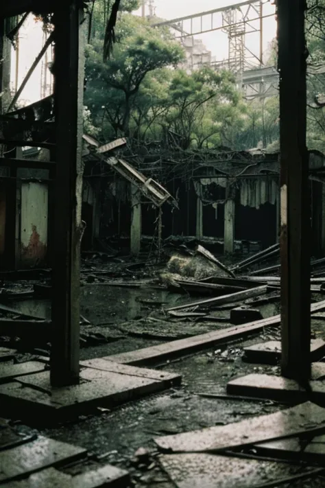 amusement park,moss,Collapse,Devastation,Inside the ruins is narrow,Showa,Glasses,Women,adventure,Black and White,