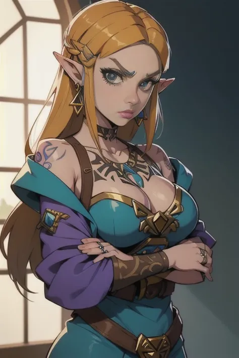 (My princess Zelda), rings, piercings and tattoos, female creature, looking at viewer, mad,