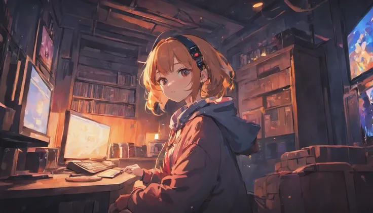 night、Girl sitting and listening to music in a cozy room, Using headphones, Anime-style 2D, Lo-Fi, hard disk, Dark Environment