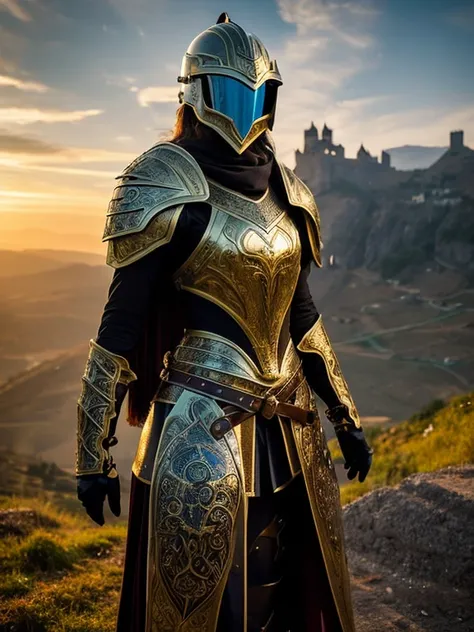 At the top of a steep hill, against the twilight horizon, an imposing figure stands with majesty. A woman, wearing full armor, stands at the highest point of the terrain, gazing determinedly into the valley below. Her helmet is adorned with intricate detai...