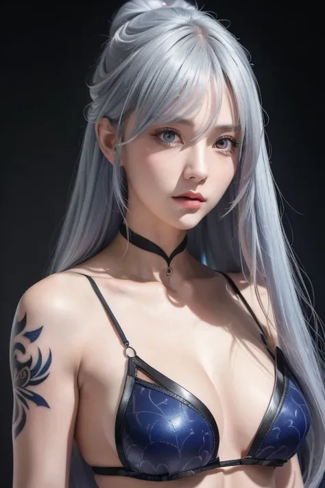 Anime Style、White skin、Gray Hair、Blue streaks in the tip of my hair、Upward-facing eyes、Large and conspicuous、dark、female、高周波のdetailed (((Sharpness))))、((Sharp Focus: 1.2)Face_v1: 0.7 )hand、Best well-drawn high resolution wallpapers、Original High Resolution...