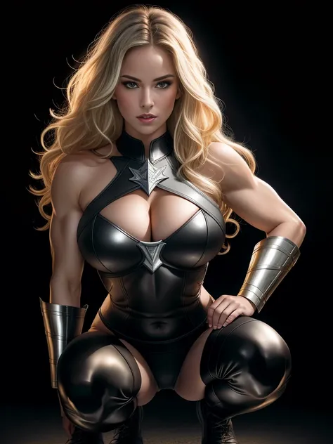 BOMBSHELL VALKYRIE, MATURE WOMAN, 30 YEARS OLD, ATHLETIC BODY, MUSCLES, BLONDE HAIR, GRAY EYES, ROSY CHEEKS, ANGRY FACE EXPRESSION, BLACK PANTIES UNDER ARMOUR, FULL BODY SILVER ARMOUR, SHINING ARMOUR, MITHOLOGY, random hair, looking at camera, gigantic bre...