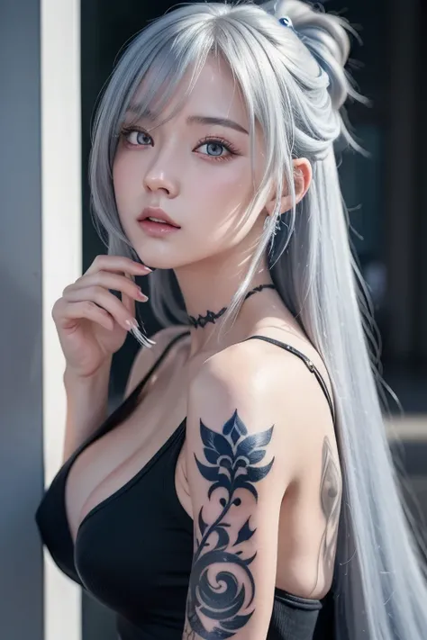 Anime Style、White skin、Gray Hair、Blue streaks in the tip of my hair、Upward-facing eyes、Large and conspicuous、dark、female、高周波のdetailed (((Sharpness))))、((Sharp Focus: 1.2)Face_v1: 0.7 )hand、Best well-drawn high resolution wallpapers、Original High Resolution...