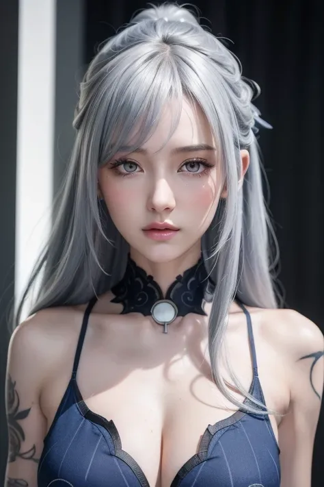 Anime Style、White skin、Gray Hair、Blue streaks in the tip of my hair、Upward-facing eyes、Large and conspicuous、dark、female、高周波のdetailed (((Sharpness))))、((Sharp Focus: 1.2)Face_v1: 0.7 )hand、Best well-drawn high resolution wallpapers、Original High Resolution...