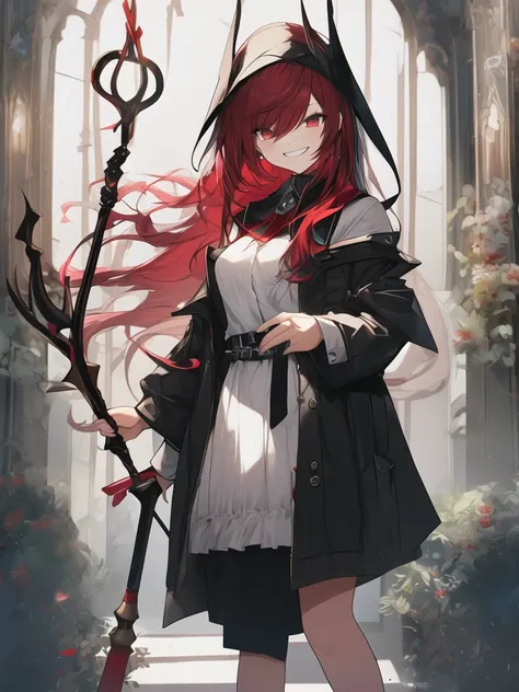 (best quality),(ultra detailed),(extremely detailed),(absolutely resolution) ,solo, absurdres,8k, 1girl,full body,  wizard, holding magicians staff, grin, ultra detailed eyes, long hair, messy hair, (red hair:1.2), 