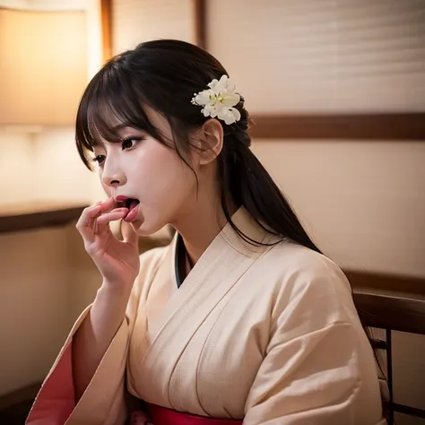 A beautiful woman in a proper kimono、((highest quality、8K masterpiece:1.3))、Sharp focus:1.2、(Super beautiful face:1.0)、(Glowing Skin:1.0)、Photo Real、Black-haired、Video Lighting、High resolution eyes and face、Video Lighting、Japanese idol actress、from the fro...