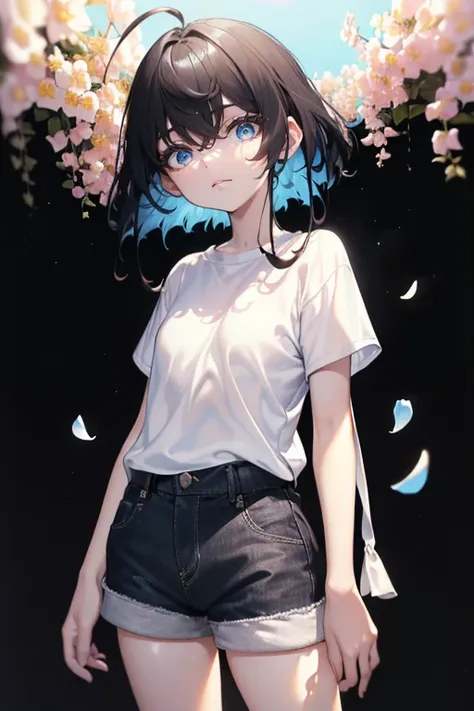 ((((Obra maestra, La mejor calidad, ultrahigh resolution)))), 1girl, standing, ((baggy white t-shirt, loose fitting blue shorts, black hair, dark black hair)), long hair cut, pale skin, ((brown eyes)), glowing_eyes, neon eyes, (ultra detailed eyes:0.7, bea...