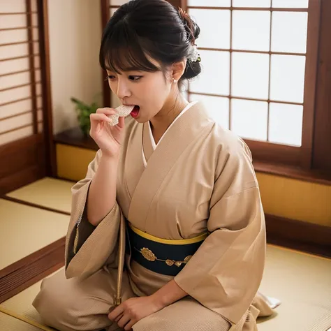 A beautiful woman in a proper kimono、((highest quality、8K masterpiece:1.3))、Sharp focus:1.2、(Super beautiful face:1.0)、(Glowing Skin:1.0)、Photo Real、Black-haired、Video Lighting、High resolution eyes and face、Video Lighting、Japanese idol actress、from the fro...