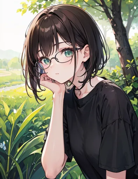 punk girl wearing glasses and a dark shirt, blurred green grass and trees in the background, short brown hair, detailed face, high quality, high resolution