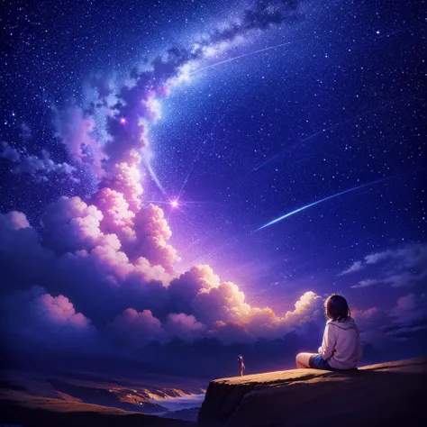 anime wallpapers with a view of the sky and stars, cosmic skies. by makoto shinkai, anime art wallpaper 8k, anime sky, amazing wallpaper,  makoto shinkai cyril rolando, anime background art, ultra detailed sky and galaxy stars