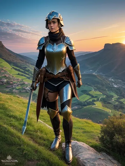 at the top of a steep hill, against the twilight horizon, an imposing figure stands with majesty. a woman, wearing full armor, s...