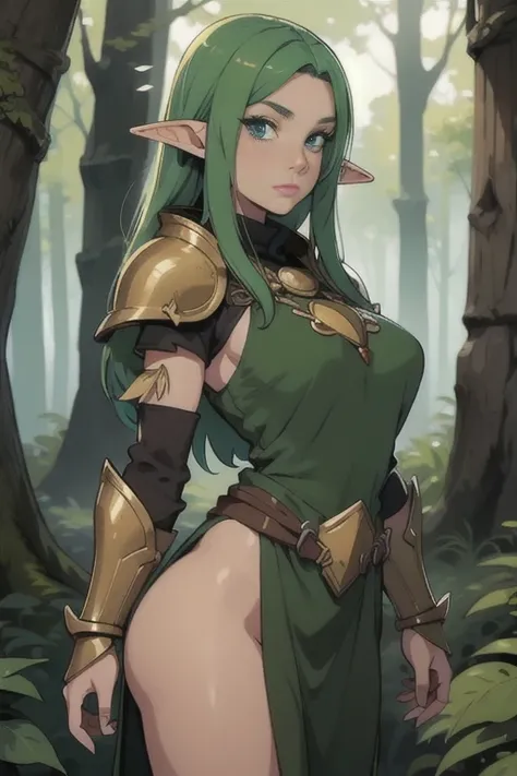 (Forest tribe Elf), Armor, rings, female creature, looking at viewer,