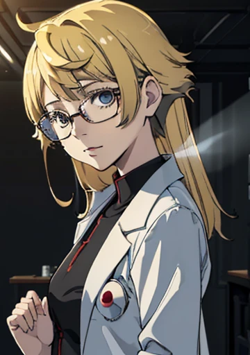 masterpiece, (volumetric lighting:1.5), (atmospheric:1.5), best quality, best artist, 4k wallpaper, 1girl, ritsuko, lab coat, blonde hair, glasses, happy, large breasts, looking at viewer, solo, showing indifference, soccer field