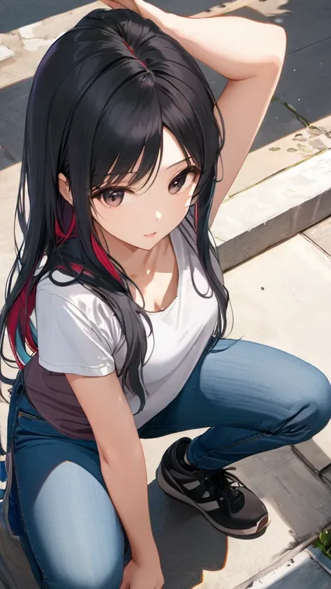 (jitome:1.4), from above, (masterpiece:1.3)), (best quality:1.3),(ultra detailed:1.4),(extremely detailed),(absolutely resolution:1.3) ,absurdres,8k, 1girl, long hair, multicolored hair, tanktops, jeans, squatting, waving hands,