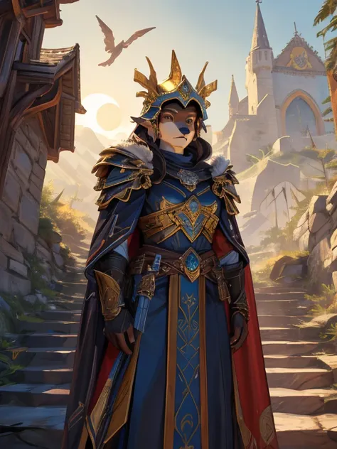 At the top of a steep hill, against the twilight horizon, an imposing figure stands with majesty. A woman, wearing full armor, stands at the highest point of the terrain, gazing determinedly into the valley below. Her helmet is adorned with intricate detai...