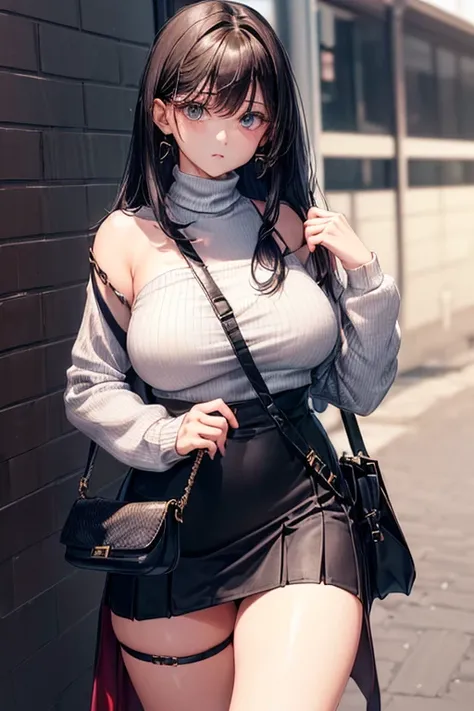 girl,(wear the long strap bag diagonally over the ones neck to the opposite weist:1.5),{(black hair),medium hair,(straight hair:1.5),hair between eyes},(huge breasts:1.2),(long sleeve turtleneck knit sweater),(skirt)