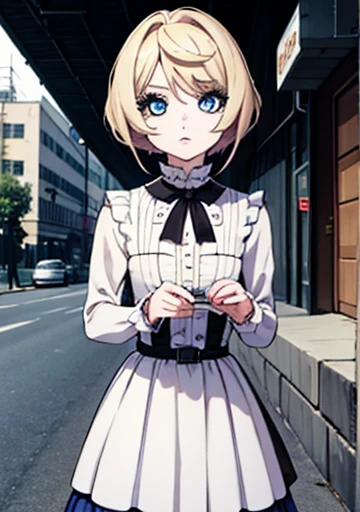 (Cowboy shot), sfw,  (Masterpiece), (Best quality:1.0), (Super heights:1.0), Detailed eyes, break , MissMartianYJ, Pale skin, short hair, 1girl, sweet_Lolita, break, (street, Inside,  Breathtaking view)