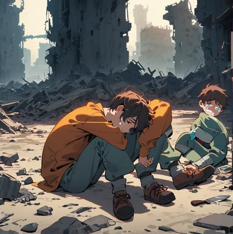 (highres ultra-detailed),a brother of Bender holding knife,sit down on the ground,sad depressed crying,ruins,rubble,bright colors, dramatic lighting