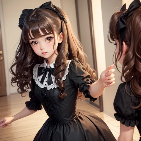 Cute girl.With brown hair.Brown eyes.In a black dress in the style of Lolita.Curly hair.Bows in the hair.