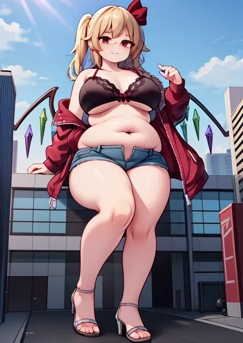 (masterpiece, best quality, highly detailed), 1girls, big belly, huge belly, art by kipteitei, round belly, chubby, curvy, belly grab, enormous belly, fat belly, thicc, bigger belly, really big belly, jiggly belly, glasses, unzipped jacket, (no shirt), bra...