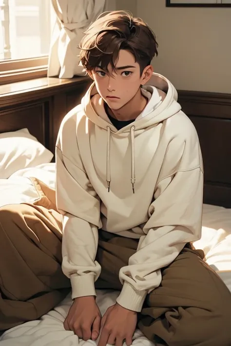 (nsfw), masterpiece, high quality, 1 male, cool, shy, short hair, light brown hair, dutch angle, looking up, lie on bed, hoodies, jogger pants