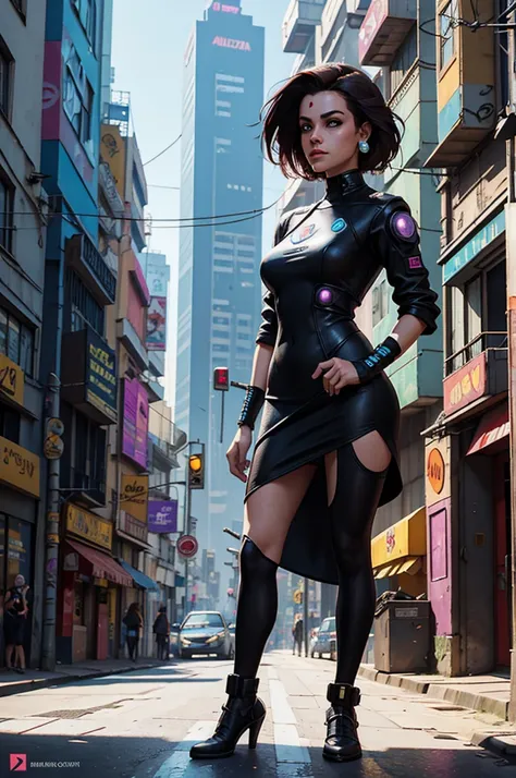 Mulher de 25 anos, com vestido estilo cyberpunk, com fenda, em uma rua de dia a luz do sol. She&#39;s on a cyberpunk street. 