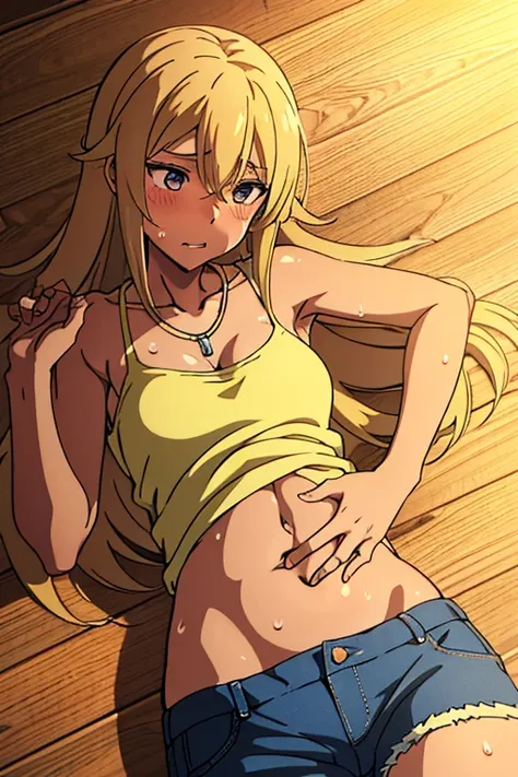 tan skinned anime woman wearing a cami top and jeans shorts, famished in hunger, (necklace), (gently resting hands on stomach), (sweating), (lying down), (long hair), (hands on stomach)