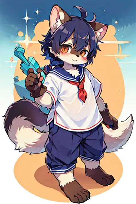 Scalpel, Raccoon, Furry, Beastman, Animal hair, tail, Sailor suit, Short sleeve, Jersey pants, Long trousers, gloves, barefoot