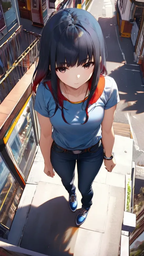 (jitome:5.0), from above, (masterpiece:1.3)), (best quality:1.3),(ultra detailed:1.4),(extremely detailed),(absolutely resolution:1.3) ,absurdres,8k, 1girl, long hair, multicolored hair, tanktops, jeans, 