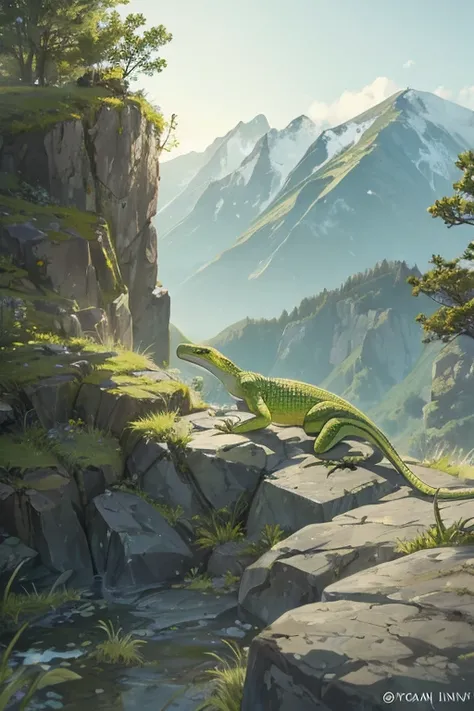 great green lizard on a rocky slope, roaring