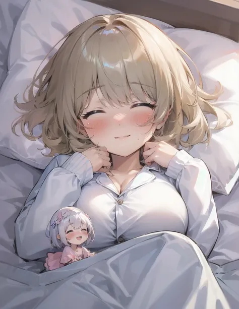 (2girls:1.5), (simple background) (on a bed together cuddling: 1.2), (girl laid down on a bed: 1.2), (a minigirl on the breasts of a giantess:1), (gigantic breasts: 1.1), big boob, cleavage, bra, happy, scared, blushing, (looking at another: 1.2), mature f...