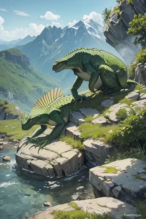 great green lizard monster on a rocky slope, roaring