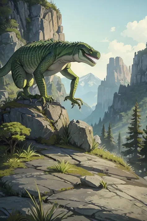 great green lizard monster on a rocky slope, roaring