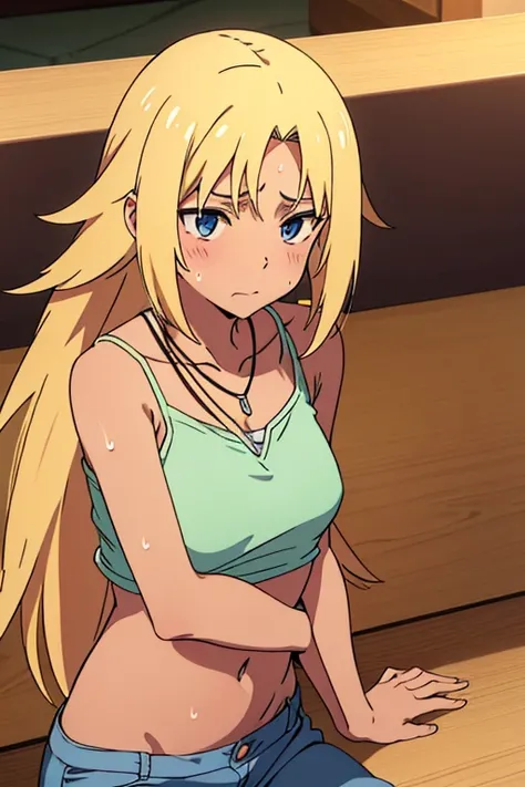 tan skinned anime woman wearing a cami top and jeans, famished in hunger, (necklace), (gently resting hands on stomach), (sweating), (lying down), (long hair), (hands on stomach)