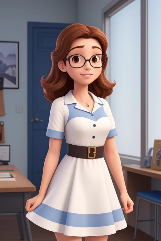 Desenhe estilo pixar ou Disney Uma mulher de 28 anos, pele clara com longos cabelos castanhos escuros , Rosto redondo, sorriso encantador, e olhos castanhos, em uma sala de fundo azul claro, studio lighting, Production Engineering Student . She is wearing ...