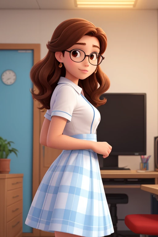 Desenhe estilo pixar ou Disney Uma mulher de 28 anos, pele clara com longos cabelos castanhos escuros , Rosto redondo, sorriso encantador, e olhos castanhos, em uma sala de fundo azul claro, studio lighting, Production Engineering Student . She is wearing ...