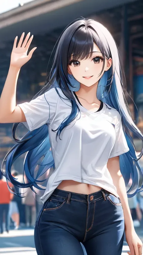 (masterpiece:1.3)), (best quality:1.3),(ultra detailed:1.4),(extremely detailed),(absolutely resolution:1.3) ,absurdres,8k, 1girl, smile, long hair, multicolored hair, tanktops, jeans, waving hand,