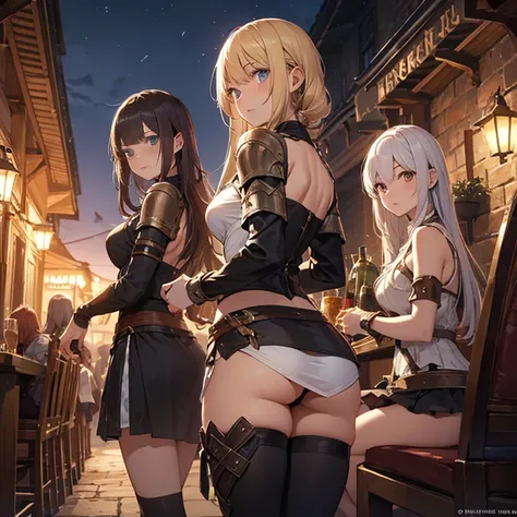 A group of  female medieval fantasy adventurers, (in tavern), various hair styles, harem, night, details face, short skirt, seducing, sleeveless, armor