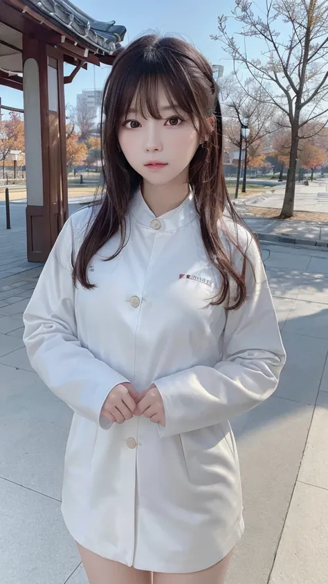 (8k, RAW Photo, Best Quality, Masterpiece: 1.2), (Realistic, Photo Real: 1.37), Professional Lighting, Photon Mapping, Teleportion, Korean Girl, Park, White Autumn Wear