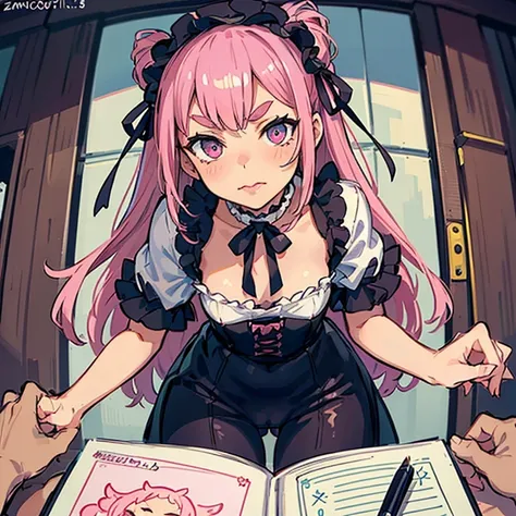 Girls with pink hair, long double-tailed hairstyle, ((small pink bushy eyebrows)), wearing lolita clothing, marked vagina, lolicon (Zankuro) drawing style by zankuro artist, Zancro style, image uploaded to R34, taciturn face , drawing in a notebook while t...