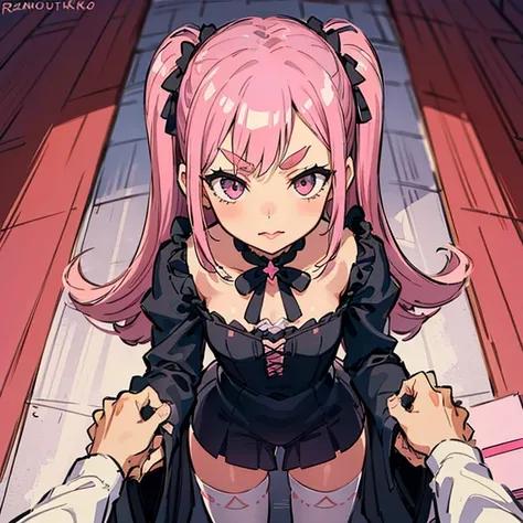 Girls with pink hair, long double-tailed hairstyle, ((small pink bushy eyebrows)), wearing lolita clothing, marked vagina, lolicon (Zankuro) drawing style by zankuro artist, Zancro style, image uploaded to R34, taciturn face , drawing in a notebook while t...