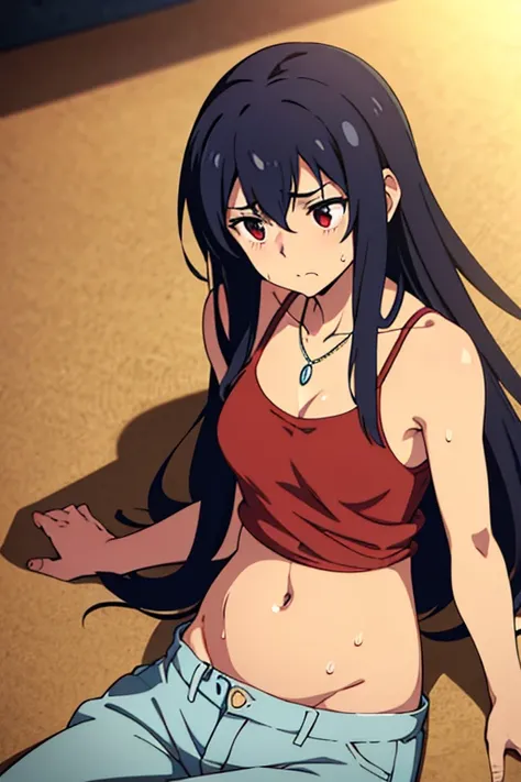 tan skinned anime woman wearing a cami top and jeans, famished in hunger, (necklace), (gently resting hands on stomach), (sweating), (lying down), (long hair), (hands on stomach)