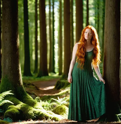 Deep in an enchanted forest, shafts of dappled sunlight pierce through the dense foliage, illuminating a secluded glade where a 25 years old redhead girl stands, her freckles catching the light as she gazes up at the towering trees in awe, dressed in pract...