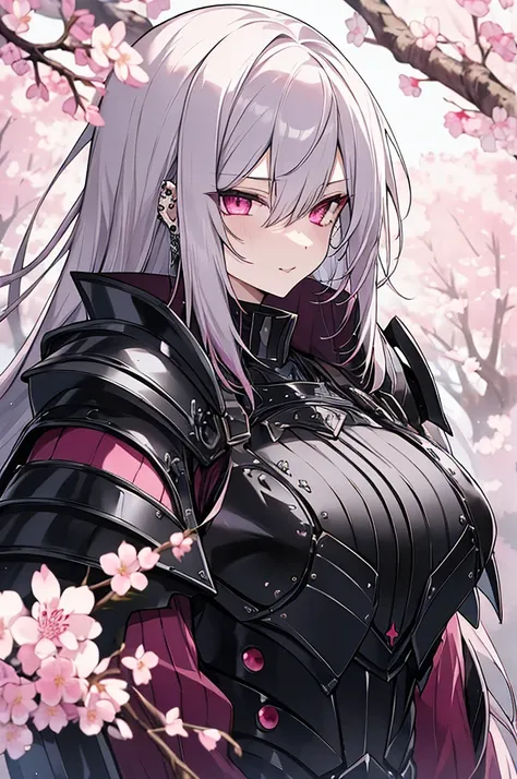 vampire、The most beautiful gothic warrior princess, Gray Hair, Pink Eyes, Detailed black combat armor, Tattoos and Piercings, Huge ,  Cherry blossoms blowing in the wind, high quality, High resolution