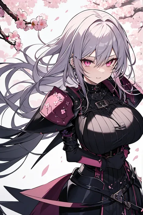 vampire、The most beautiful gothic warrior princess, Gray Hair, Pink Eyes, Detailed black combat armor, Tattoos and Piercings, Huge ,  Cherry blossoms blowing in the wind, high quality, High resolution