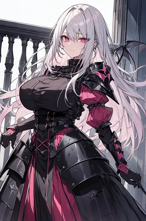 vampire、The most beautiful gothic warrior princess, Gray Hair, Pink Eyes, Detailed black combat armor, Tattoos and Piercings, Huge ,  The wind-blown balcony of Devil&#39;s Castle, high quality, High resolution