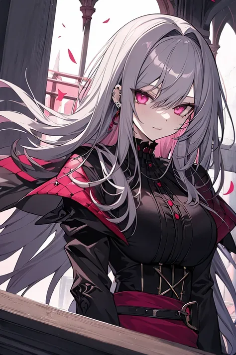 vampire、The most beautiful gothic warrior princess, Gray Hair, Slanted Eyes、Pink Eyes, Detailed black combat armor, Tattoos and Piercings, Huge ,  The wind-blown balcony of Devil&#39;s Castle, Under the Red Moon、high quality, High resolution