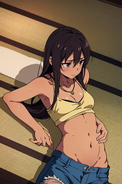 tan skinned anime woman wearing a cami top and high waist jeans, famished in hunger, (necklace), (gently resting hands on stomach), (sweating), (lying down), (long hair), (hands on stomach)