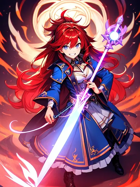 (best quality),(ultra detailed),(extremely detailed),(absolutely resolution) ,solo, absurdres,8k, 1girl,full body,  wizard, holding magicians staff, grin, ultra detailed eyes, beautiful eyes, long hair, messy hair, (red hair:1.2), 