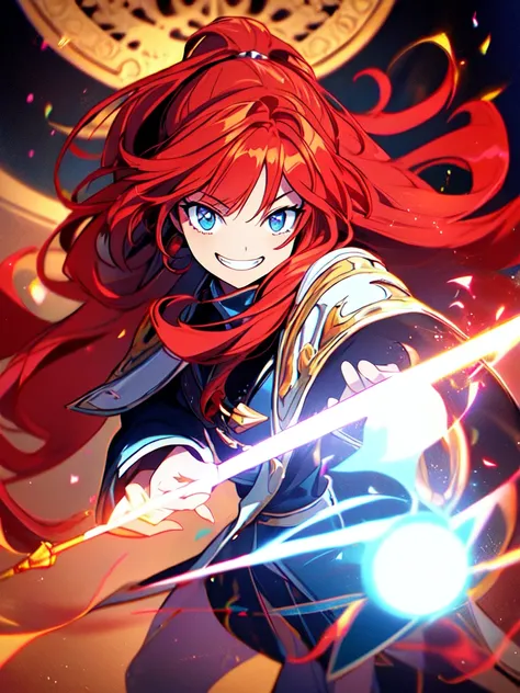 (best quality),(ultra detailed),(extremely detailed),(absolutely resolution) ,solo, absurdres,8k, 1girl,full body,  wizard, holding magicians staff, grin, ultra detailed eyes, beautiful eyes, long hair, messy hair, (red hair:1.2), 